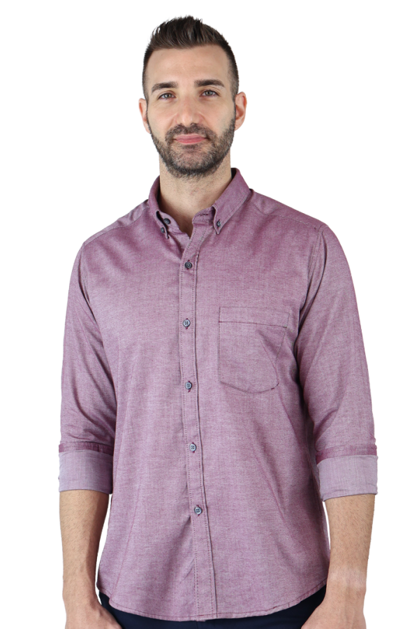 Camisa Cuello Americano Manga Larga Rojo Vino Tela Con Textura Para Hombre